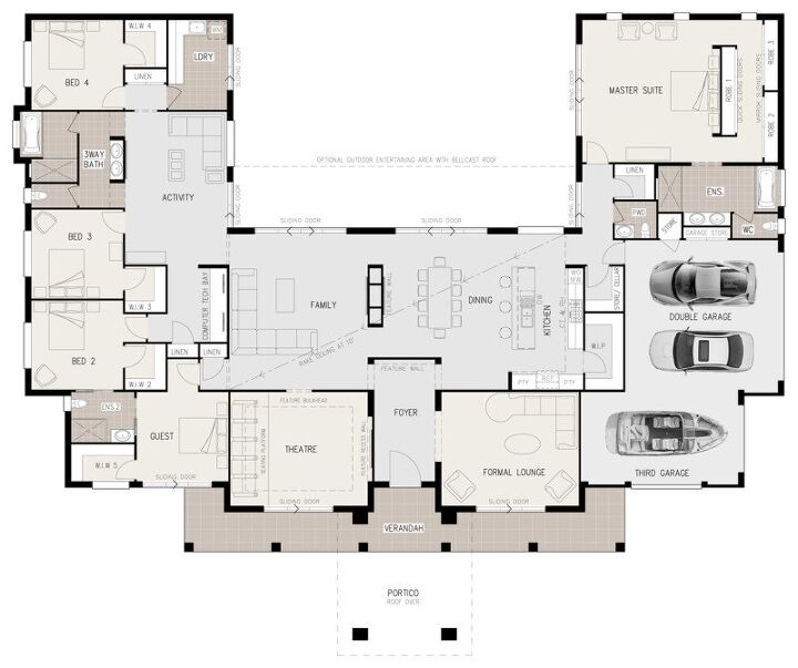 U Shaped House Plans With Drawings, Luxury One Story House Plans With Bonus Room